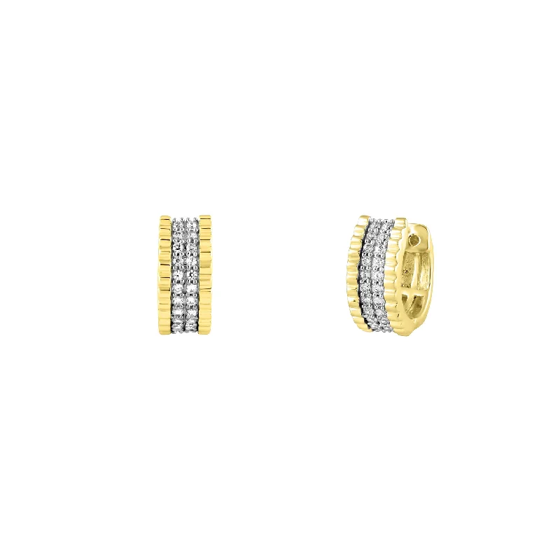 Personalized Gemstone Earrings For Moms-Diamond Two-Tone Ridged Huggie Earrings (14K)