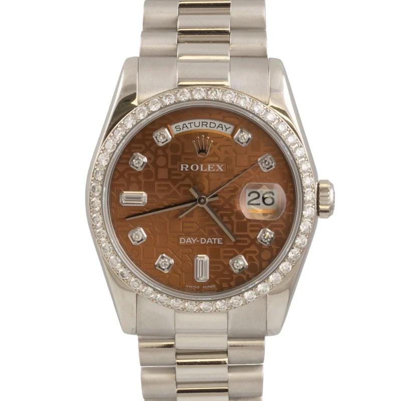 Classic Analog Watches With Leather Straps-2001 Rolex Day-Date President Platinum Havana Brown Dial 36mm Watch 118206