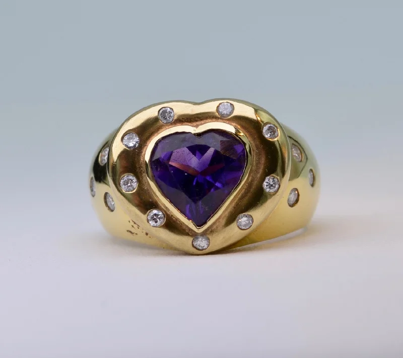 Elegant Wedding Rings For Fashion-Forward Brides-18K yellow gold ring with heart-shaped deep purple Amethyst and Diamonds