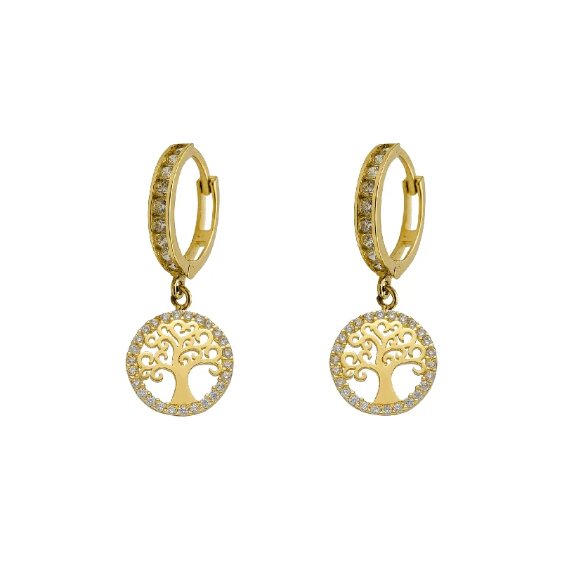 Colorful Hoop Earrings For Party Time-Zirconia Tree of Life Huggie Earrings (14K)