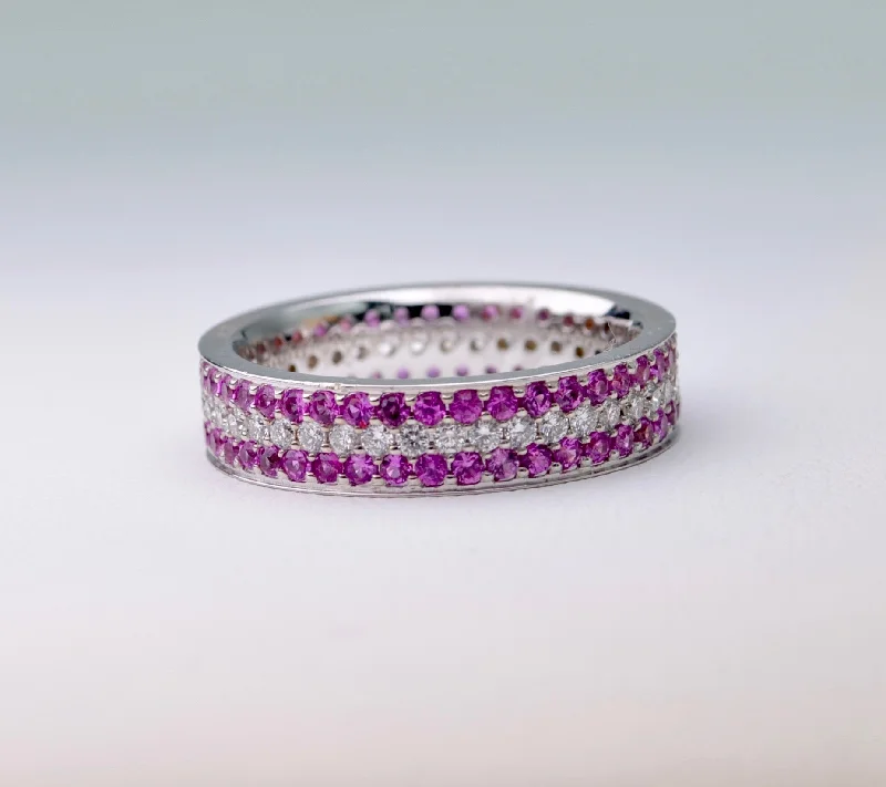 Elegant Wedding Rings For Custom Designs-18K white gold wedding band with all-around Pink Sapphire and Diamonds