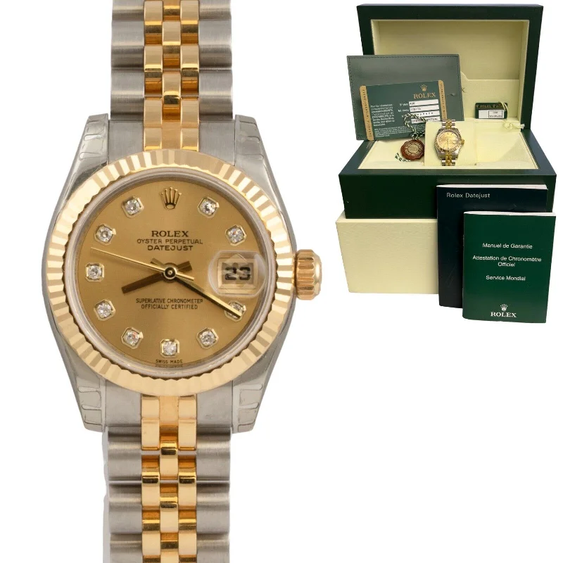 Elegant Watches For Evening Parties-Rolex DateJust 179173 Stainless & 18k Champagne Diamond Dial 26mm Watch BOX CARD