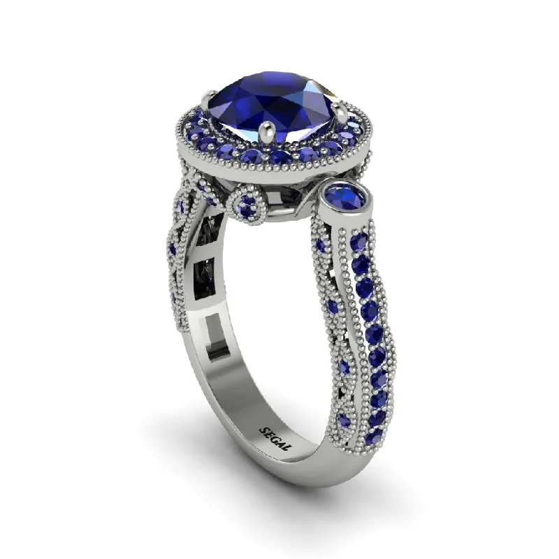 Classic Wedding Bands For Traditional Brides-Milgrain Halo Pave Sapphire Engagement Ring - Mabel No. 75