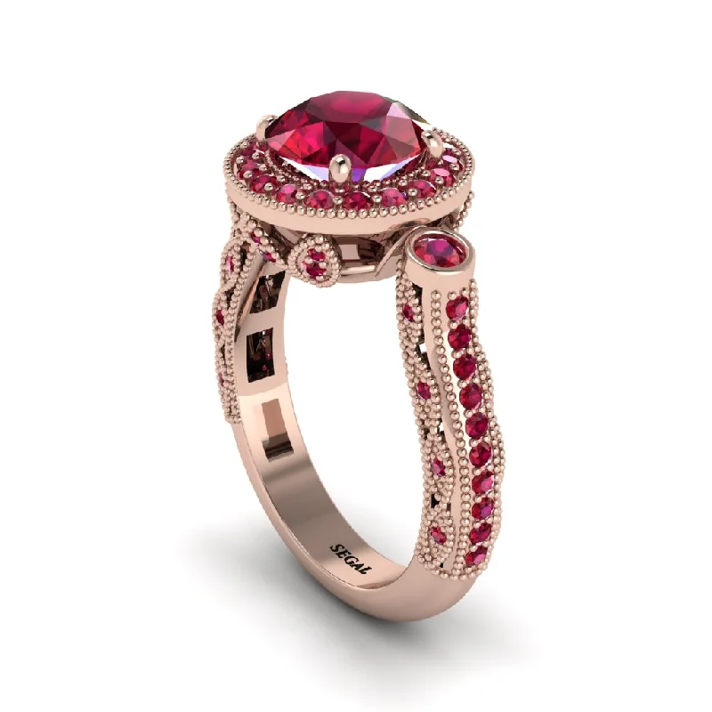 Trendy Titanium Wedding Rings For Brides-Milgrain Halo Pave Ruby Engagement Ring - Mabel No. 56