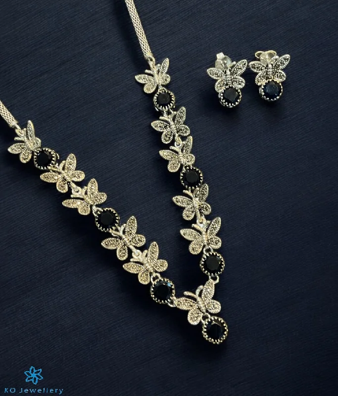 Trendy Crystal Necklace For Formal Events-The Exquisite Butterfly Silver Marcasite Necklace & Earrings