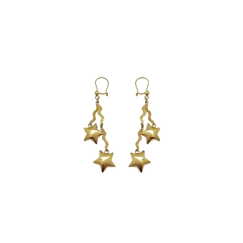 Large Statement Earrings For Bold Look-Double Stars & Streamers Dangling Earrings (14K)