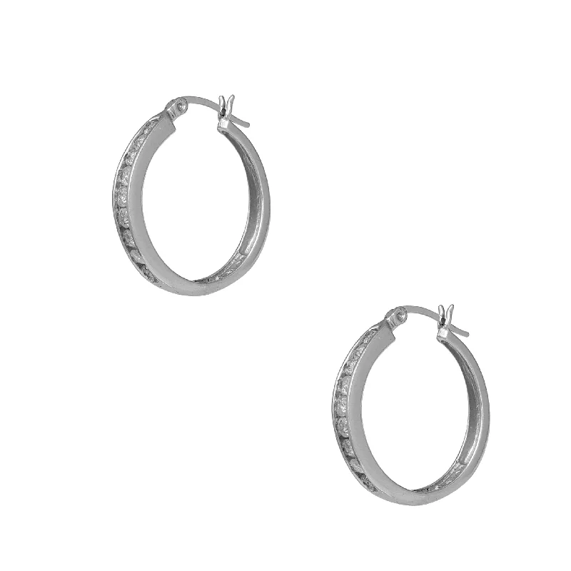 Trendy Silver Earrings For Casual Look-Diamond Channel-Set Hoops Earrings (14K)