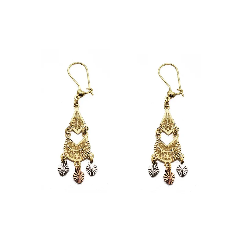 Chic Drop Earrings For Night Out-Tricolor 3-Hearts Filigree Chandelier Dangling Earrings (14K)