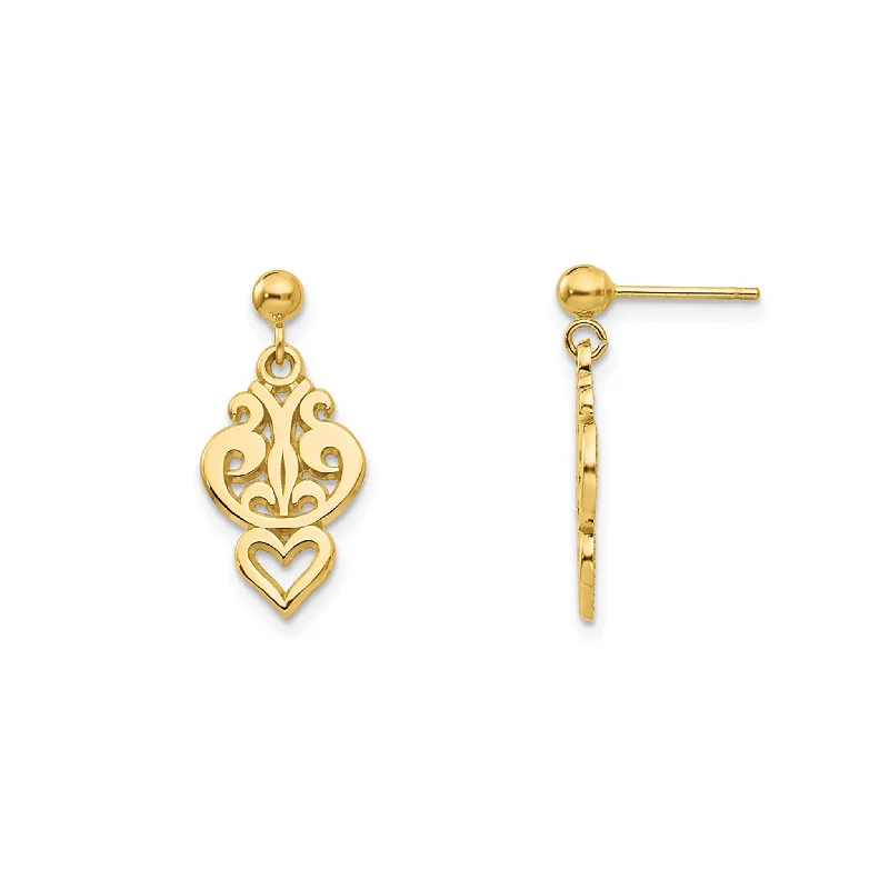 Geometric Earrings For Modern Fashion-Filigree Heart Stud Dangling Earrings (14K)