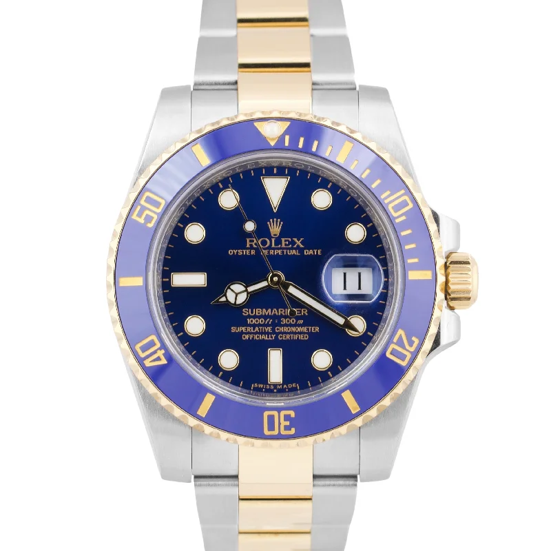 Vintage Watches For Men With Leather Bands-MINT PAPERS Rolex Submariner Date BLUE Ceramic 40mm Two-Tone 18K Gold 116613 BOX