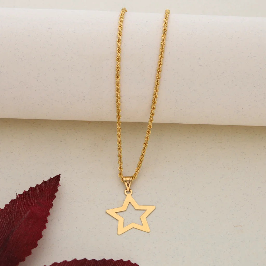 Custom Silver Pendant Necklace For Weddings-Gold Necklace (Chain with Gold Star Shaped Pendant) 21KT - FKJNKL21K7549