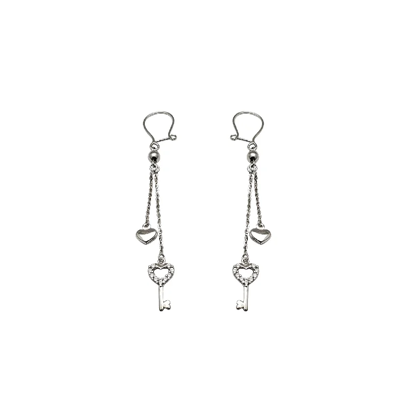 Custom Crystal Earrings For Weddings-Heart & Key Dangling Earrings (14K)