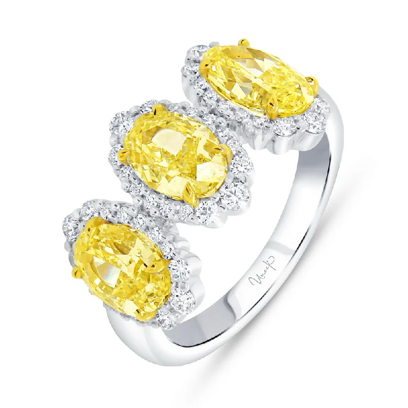 Trendy Custom Rings For Bridesmaids-Uneek Natureal Collection 3-Stone-Halo Oval Shaped Fancy Yellow Diamond Anniversary Ring