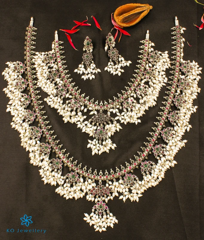 Trendy Layered Necklace For Evening Events-The Barha Silver Guttapusalu Necklace Set Of 2