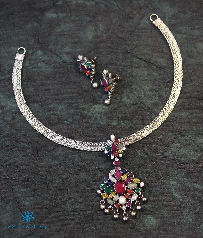 Luxury Silver Necklace For Custom Style-The Aham Silver Navaratna Necklace (Oxidised)