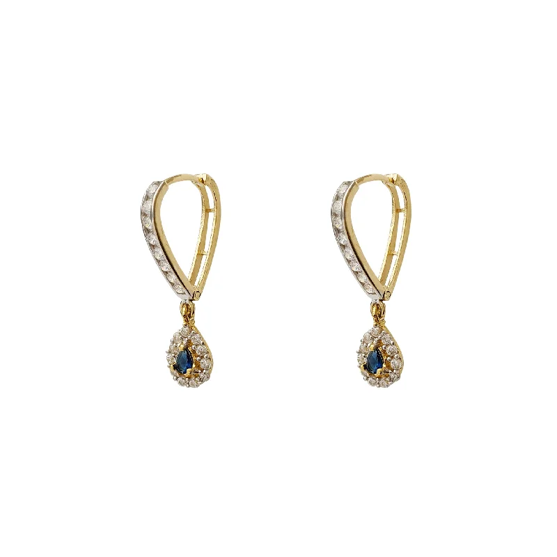 Sparkling Drop Earrings For Elegant Style-Blue Stone Pave Teardrop V-Shape Hanging Huggie Earrings (14K)