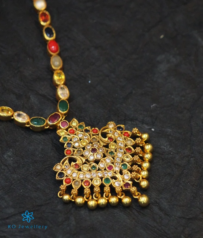 Elegant Sapphire Pendant Necklace For Bridesmaids-The Anila Silver Peacock Navaratna Necklace