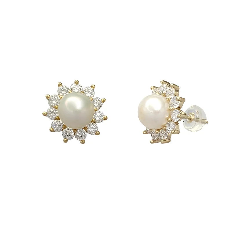 Elegant Long Earrings For Evening Out-Zirconia Halo Pearl Stud Earrings (14K)