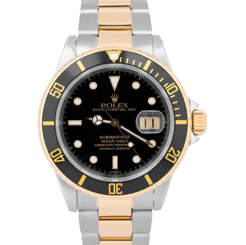 Luxury Watches For Special Occasions-Rolex Submariner Black SWISS ONLY Two-Tone Yellow Gold Steel 40mm Watch 16613