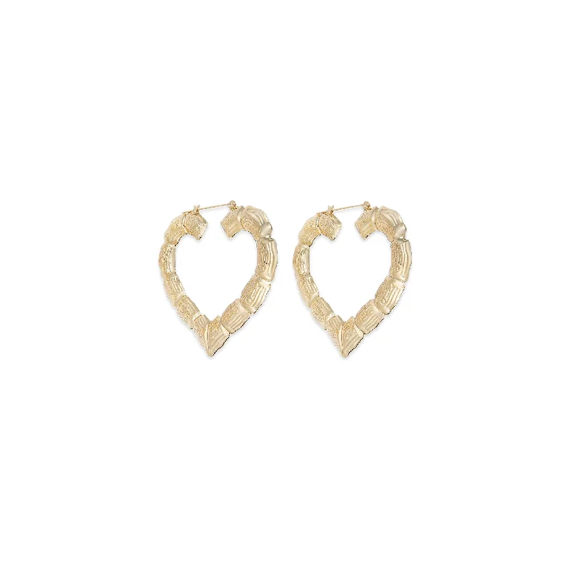 Large Pearl Earrings For Bridesmaids-Heart Shape Bamboo Style Hoop Earrings (10K)