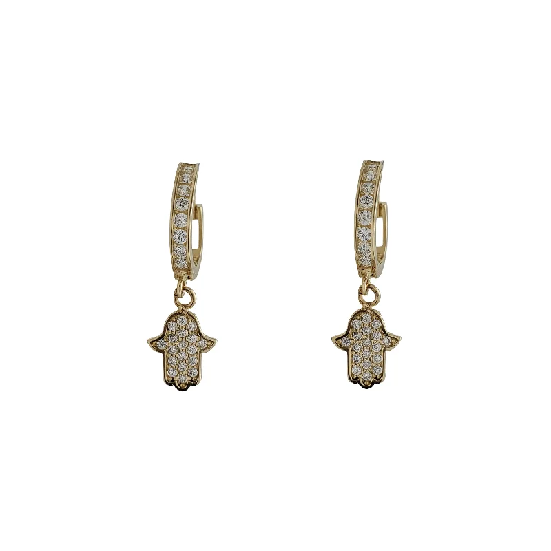 Elegant Gold Earrings For Day Wear-Zirconia Hamsa Hand Huggie Earrings (14K)