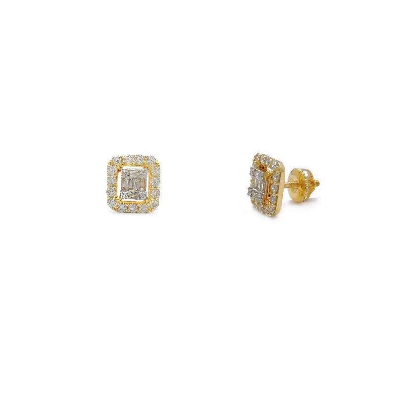 Custom Earrings For Wedding Day Gifts-Baguette Rounded Square Halo Diamond Stud Earrings (14K)