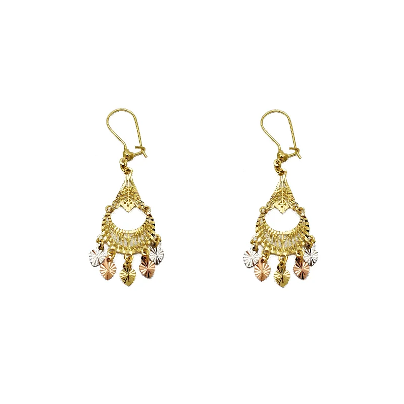 Designer Earrings For Fashionable Look-Tricolor 5-Hearts Chandelier Dangling Earrings (14K)