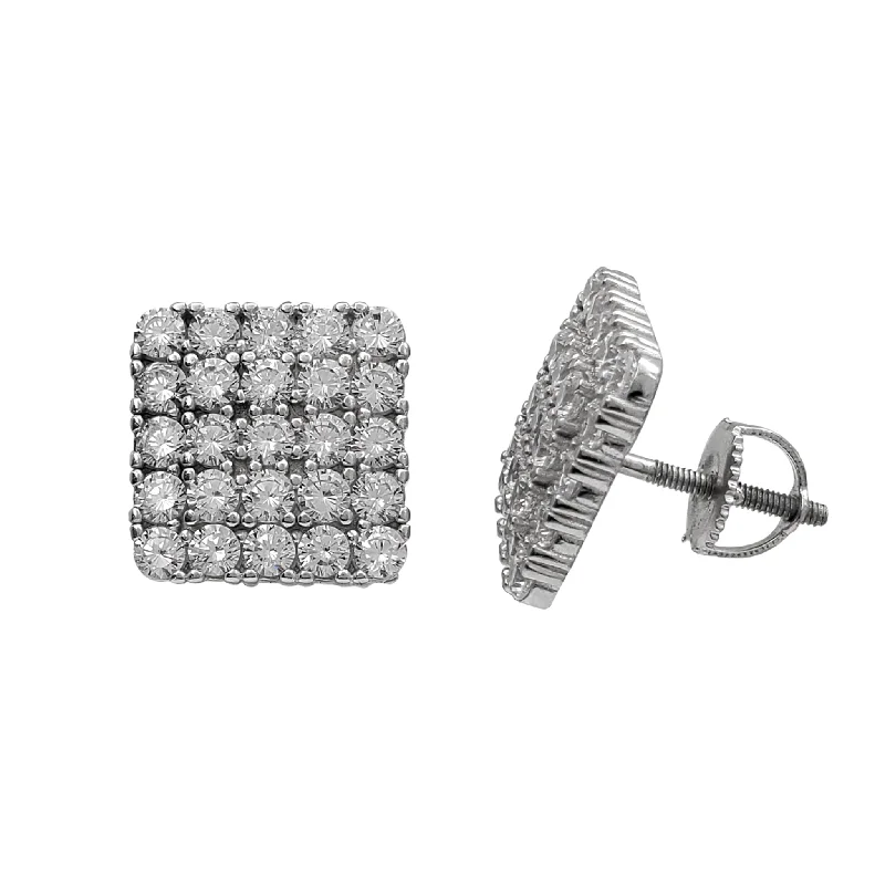 Classic Stud Earrings For Everyday Look-Zirconia Iced-Out Square Stud Earrings (Silver)