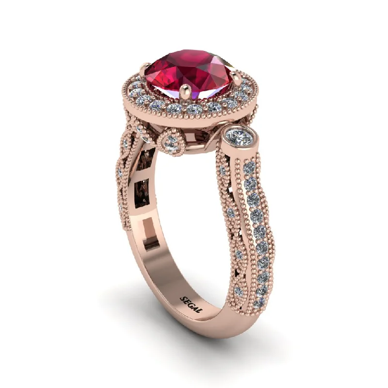 Classic Rose Gold Engagement Rings For Grooms-Milgrain Halo Pave Ruby Engagement Ring - Mabel No. 11