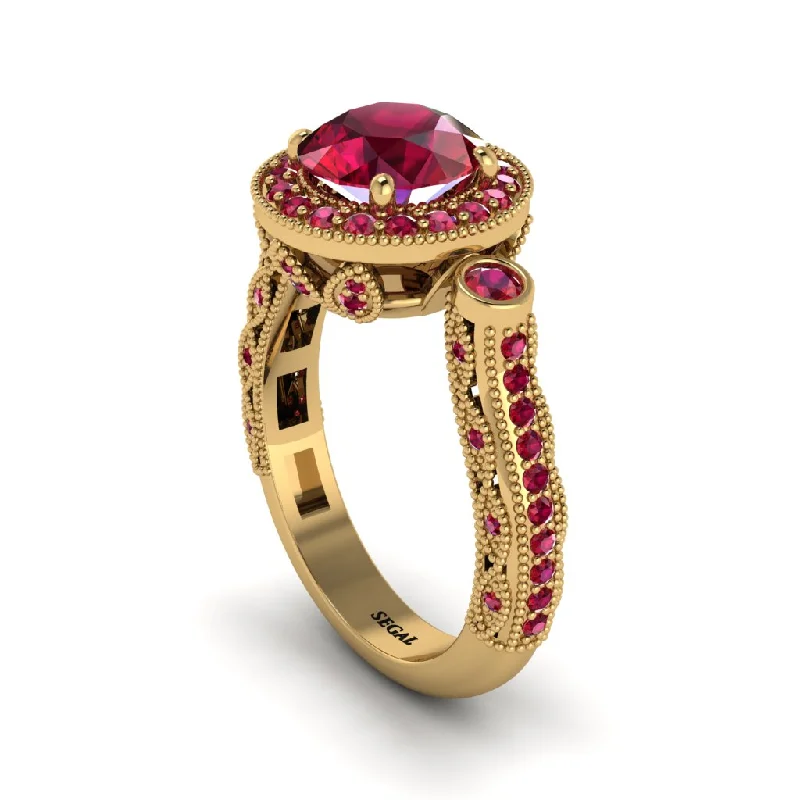 Simple Custom Wedding Bands For Grooms-Milgrain Halo Pave Ruby Engagement Ring - Mabel No. 55