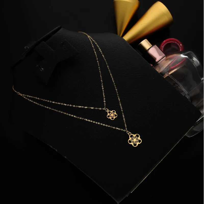 Trendy Crystal Pendant Necklace For Weddings-Gold Double Layered Fancy Flower Shaped Necklace 21KT - FKJNKL21KM9794