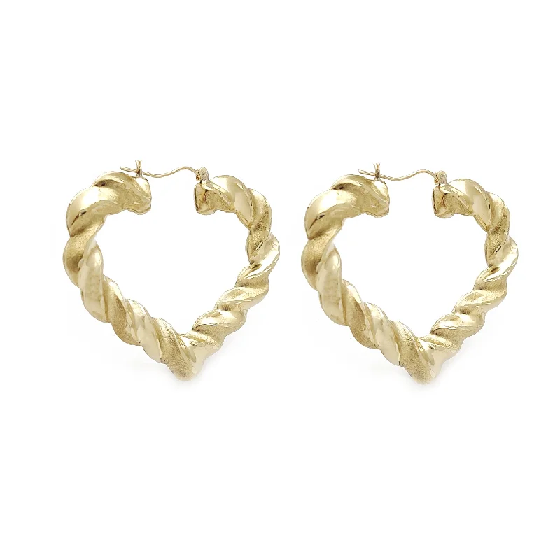 Personalized Gold Earrings For Bridesmaids-Twisted Heart Shaped Bamboo Style Earrings (10K)