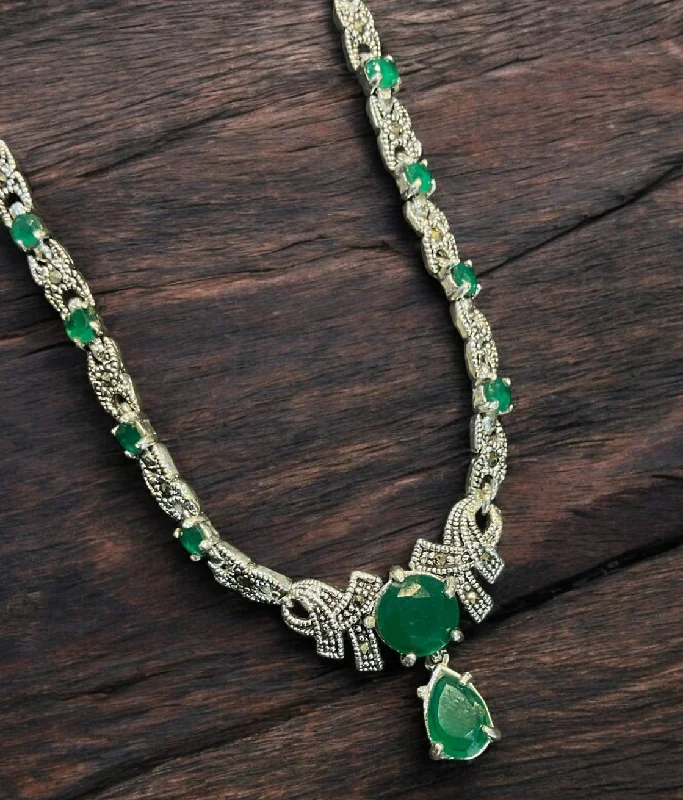 Classic Pearl Necklace For Bridesmaids Gifts-The Regal Green Silver Marcasite Necklace