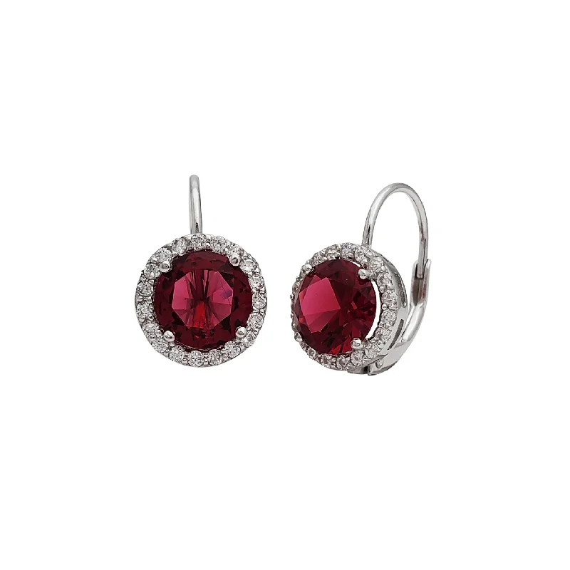 Trendy Earrings For Holiday Season-Zirconia Halo Red-Stone Huggie Earrings (Silver)