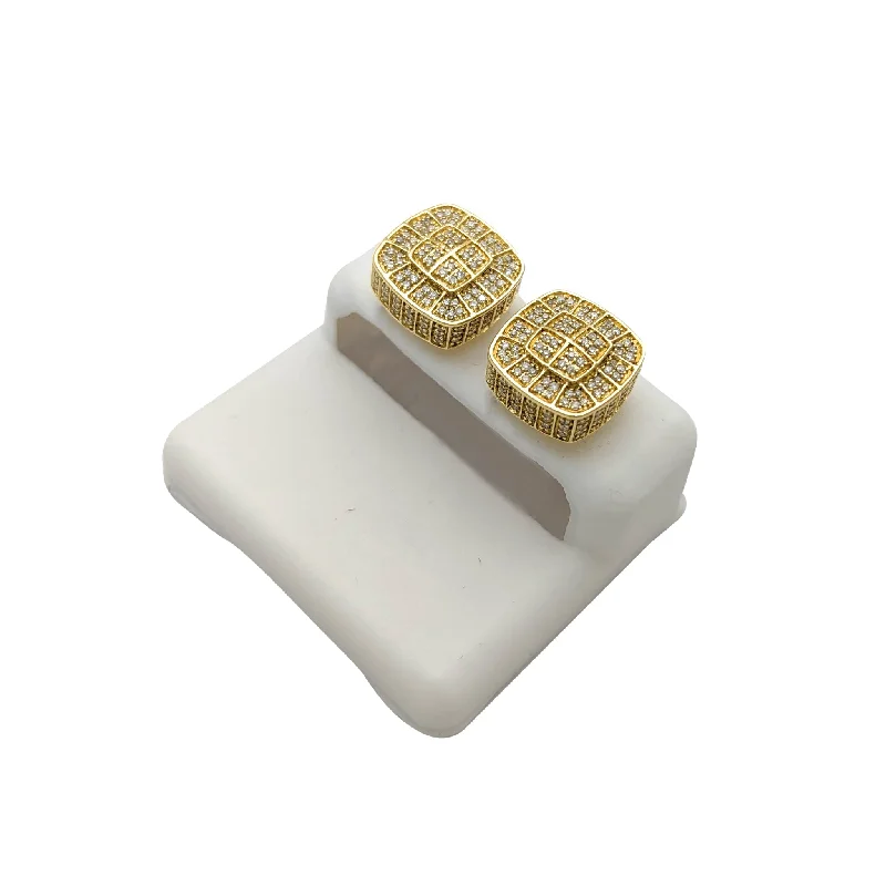 Elegant Gold Earrings For Special Events-Diamond Iced-Out Pave Textured Square Stud Earrings (14K)