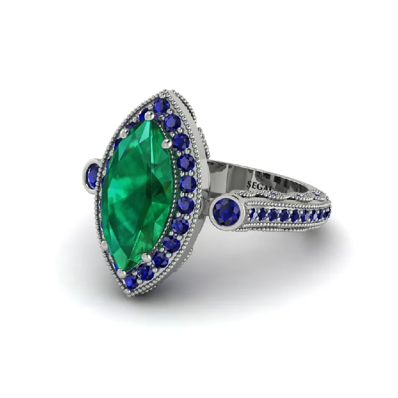 Personalized Gemstone Rings For Couples-Milgrain Halo Marquise Emerald Engagement Ring - Noreen No. 66