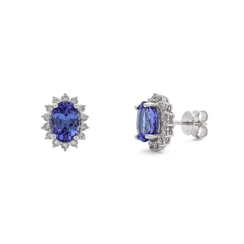 Lightweight Earrings For Comfortable Wear-Oval Tanzanite Diamond Halo Stud Earrings (14K)