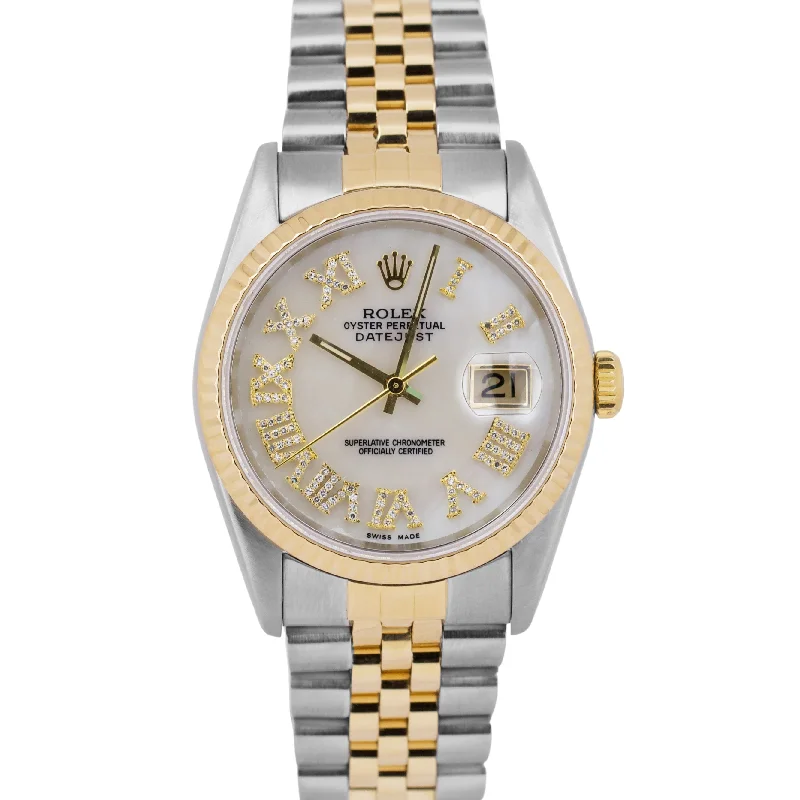 Luxury Watches With Sapphire Glass-Rolex DateJust 36mm MOP DIAMOND PAVE ROMAN 18K Gold Stainless Steel Watch 16233