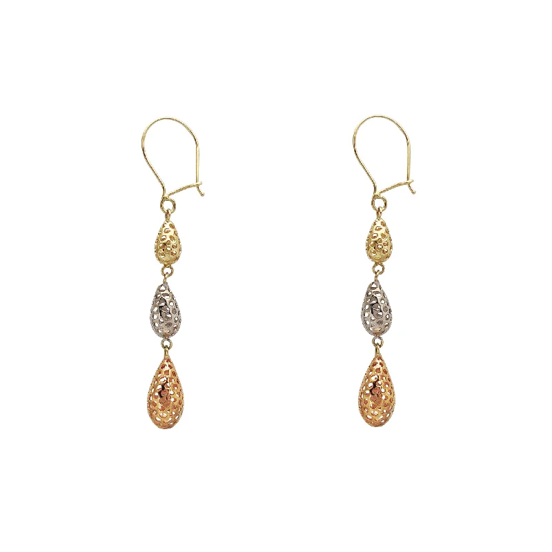 Luxury Earrings With Diamonds For Evening Wear-Tri-Color Round Silhouette Teardrop Shaped Hanging Earrings (14K)