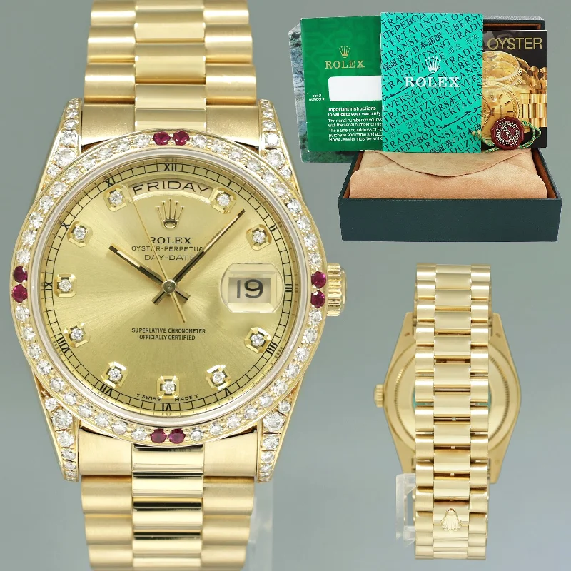 Men’s Waterproof Watches For Diving-1991 MINT Rolex President 18238 Dial Diamond Double Quick Gold 36mm Watch Box