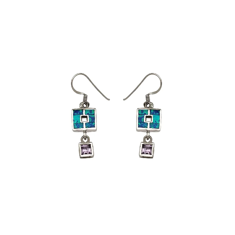 Custom Earrings With Charms For Custom Style-Dangling Opal Squares CZ Earrings (Silver)