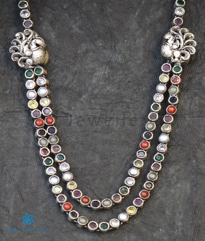 Classic Silver Necklace For Evening Wear-The Abhinaya Silver Reversible Peacock Navratna Necklace (Oxidised)