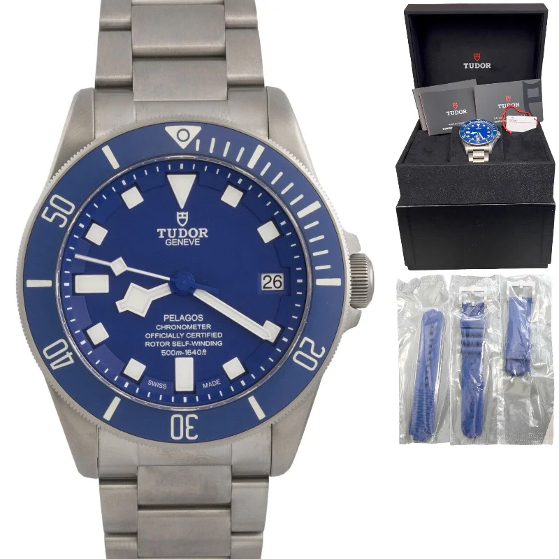 Stylish Watch Sets For Couples-Tudor Pelagos Diver 25600TB Blue Titanium 42mm Watch BOX + CARD + EXTRA STRAPS