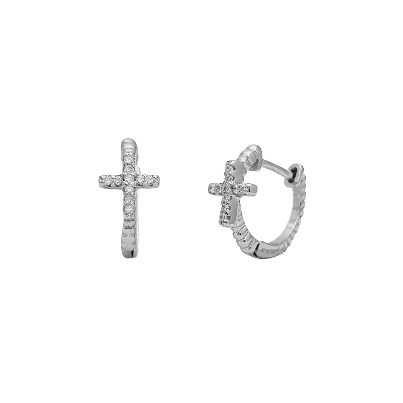 Sparkling Hoop Earrings For Parties-Zirconia Beaded Cross Huggie Earrings (Silver)