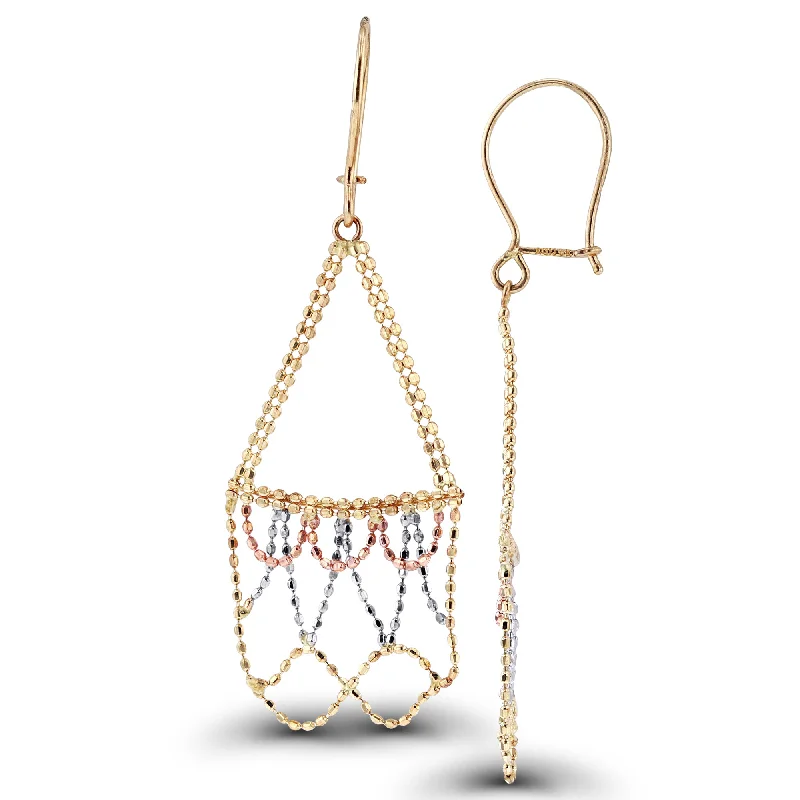 Long Drop Earrings With Gemstones-Tri-Color Beads Purse Dangling Earrings (14K)