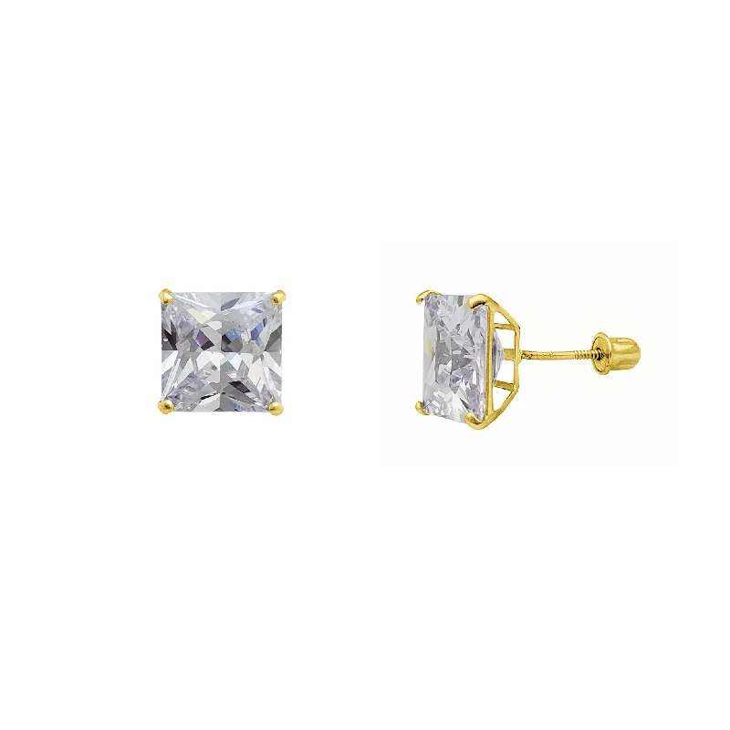 Silver Earrings With Birthstones For Gifts-[Screw-back] Zirconia Princess-cut Solitaire Stud Earrings (14K)