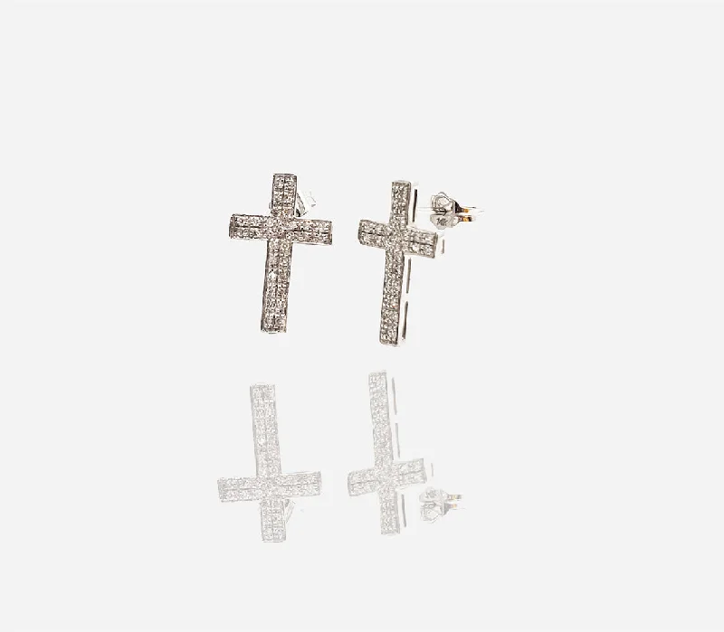 Custom Earrings For Anniversary Gifts-White Gold Diamond Cross Stud Earrings (14K)