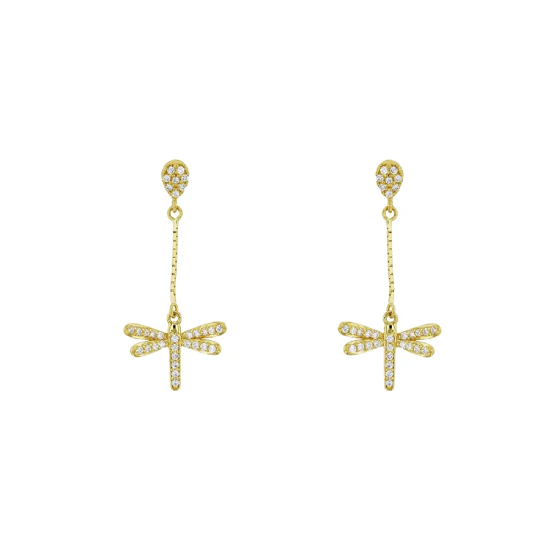 Vintage-Inspired Earrings For Bridal Style-Zirconia Dragonfly Stud Dangling Earrings (14K)