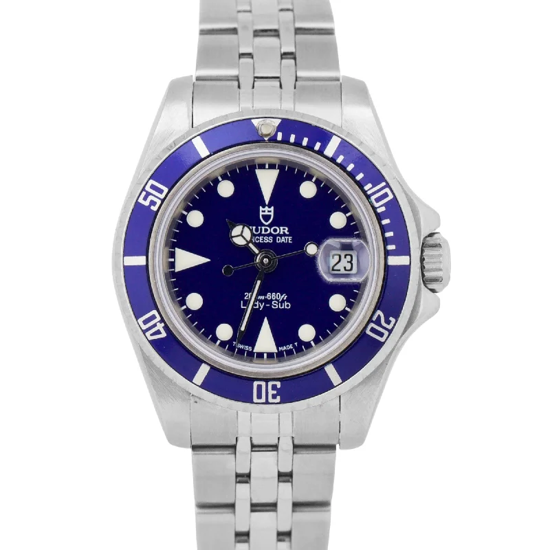 Designer Watches For Women-2001 PAPERS Tudor Lady-Sub Princess Date BLUE Stainless Steel 28mm 96090 BOX