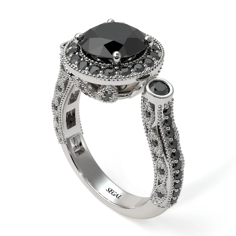 Luxury Wedding Rings With Colored Diamonds-Milgrain Halo Pave Black Diamond Engagement Ring - Mabel No. 39